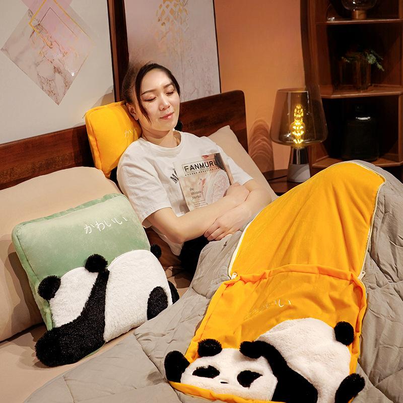 Cute Cartoon Panda Pillow Dual-Purpose Pillow Quilt Office Cushion Crystal Velvet Breathable Soft Nap Pillow