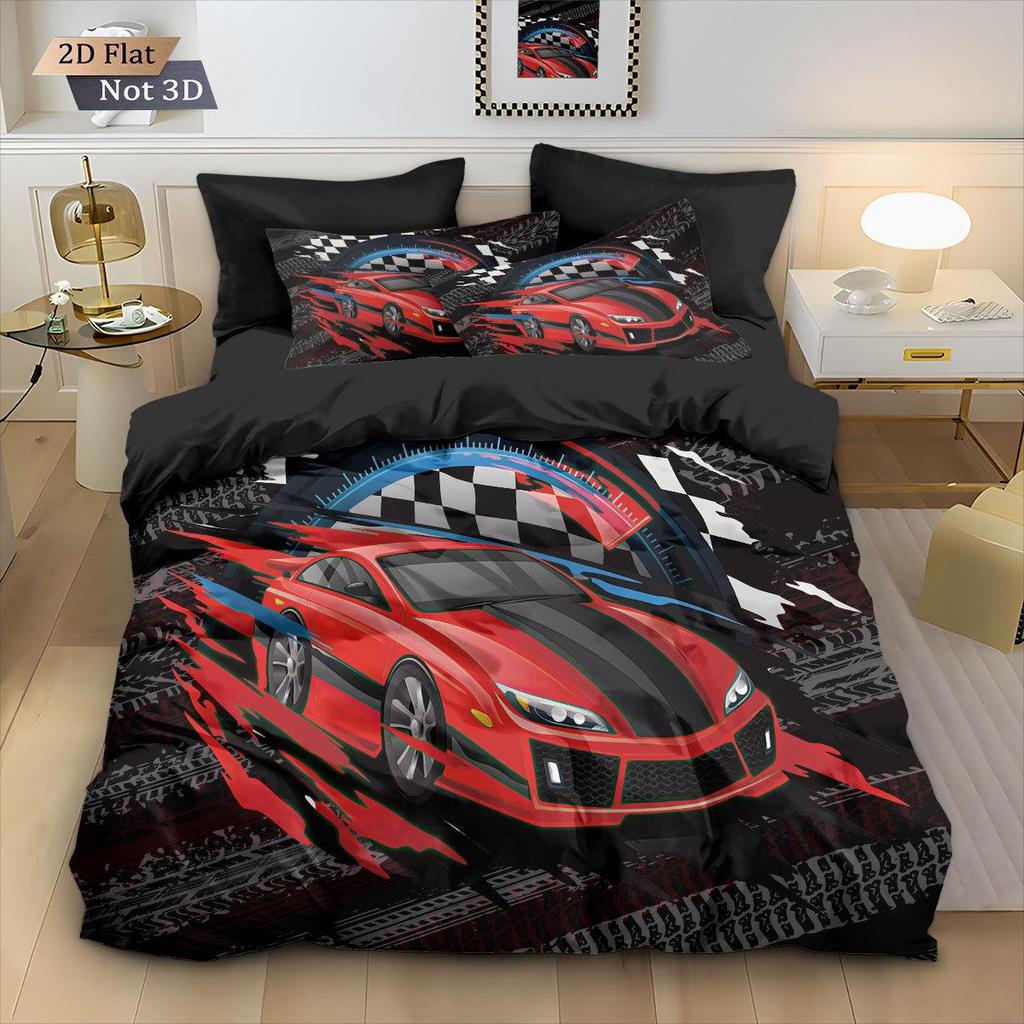 Racing Sports Car Print Bedding Set: Customizable Three-Piece with Pillowcase