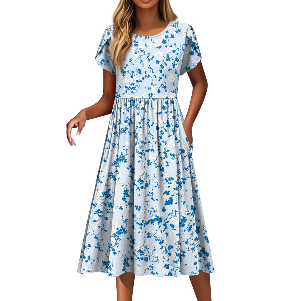 Women's Fashion Casual Loose Floral Print Round Neck Pocket Short Sleeve Dress