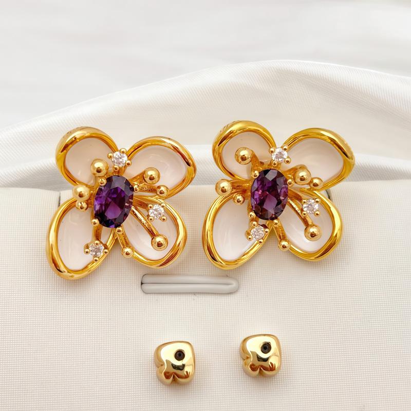 

French Drop Glaze Flower Stud Earrings, Fresh And Sweet Temperament Zircon Stud Earrings, Light Luxury Fashion Trend, Elegant Earrings Women
