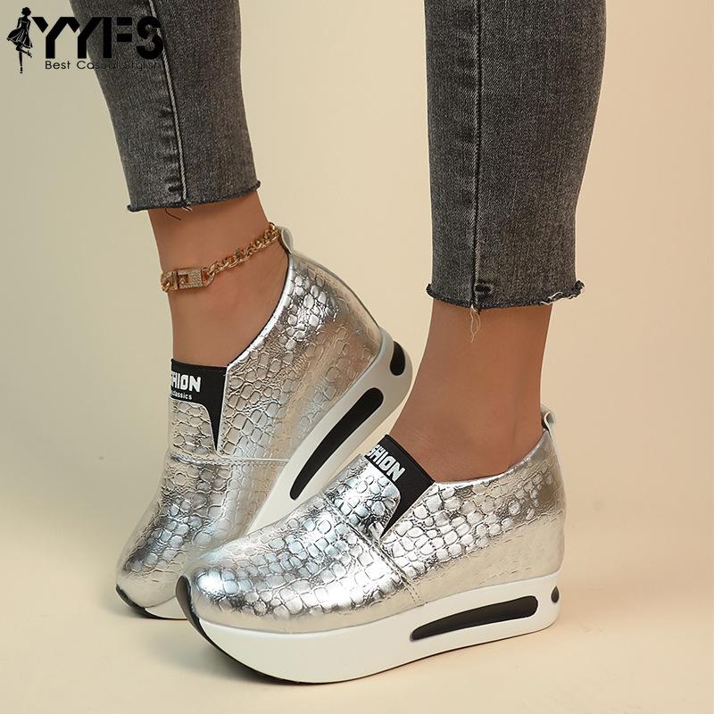 Faux Leather Platform Sneakers Women Casual Non-slip Thick Sole Sports Shoes Female Slip-On Loafers Plus Size