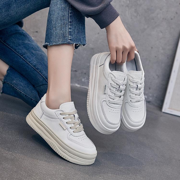 Leather Little White Shoes Women's Spring and Summer New Women's Thick-soled Versatile Muffin Round Head Thick-soled Soft-soled Casual Board Shoes
