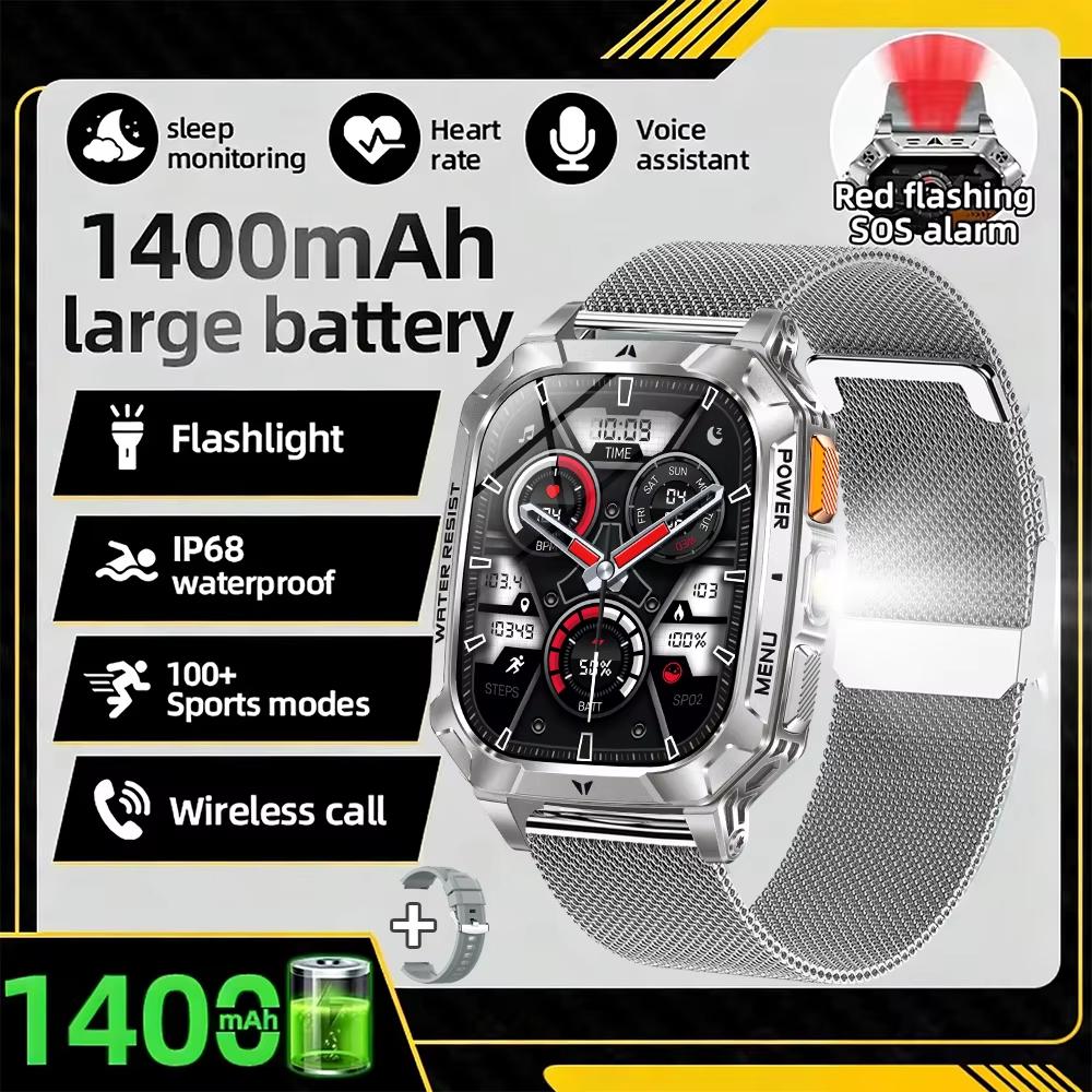 For Android iOS Watch Smart Call Sports Monitor Health Flashlight Waterproof IP68 Men Smartwatch Military Battery 1400 mAh New