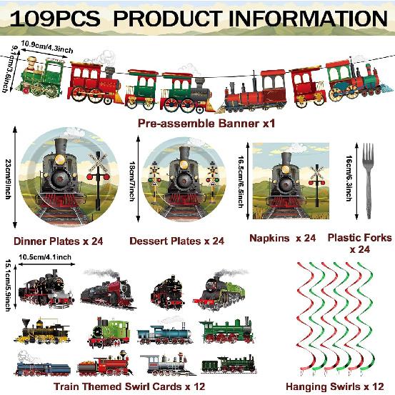 party greeting 109Pcs Train Birthday Party Supplies Includes Steam Train Party Plates Napkins Fork Retro Train Banner Hanging Ceiling Swirls for