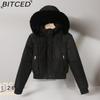 BITCED Women's Short-Length Puffer Coat Winter Fleece-Lined Thickened Cotton Jacket with Large Fur Collar Bread-Style Outerwear