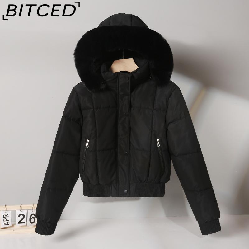 BITCED Women's Short-Length Puffer Coat Winter Fleece-Lined Thickened Cotton Jacket with Large Fur Collar Bread-Style Outerwear