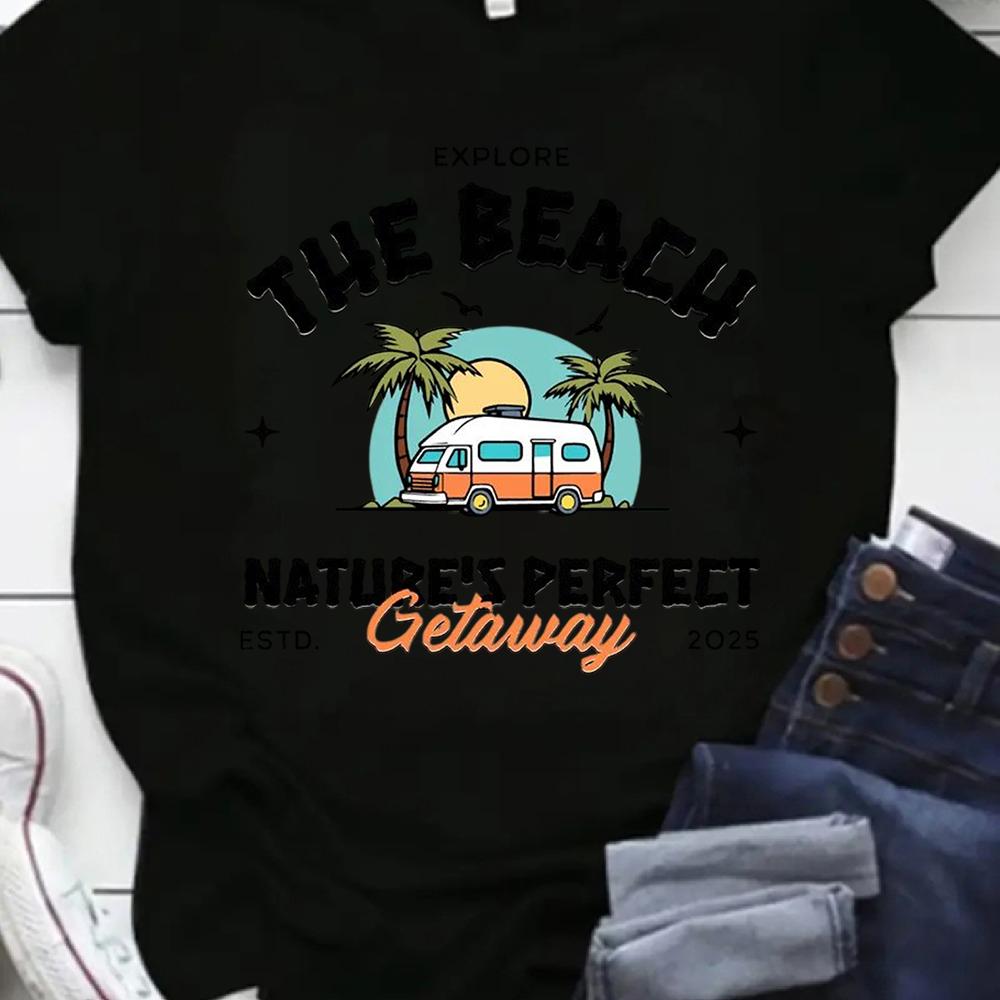 Women French Van Camping Print T Shirt Short Sleeve O-Neck Tops Adventure Graphic Tees Travel Tops