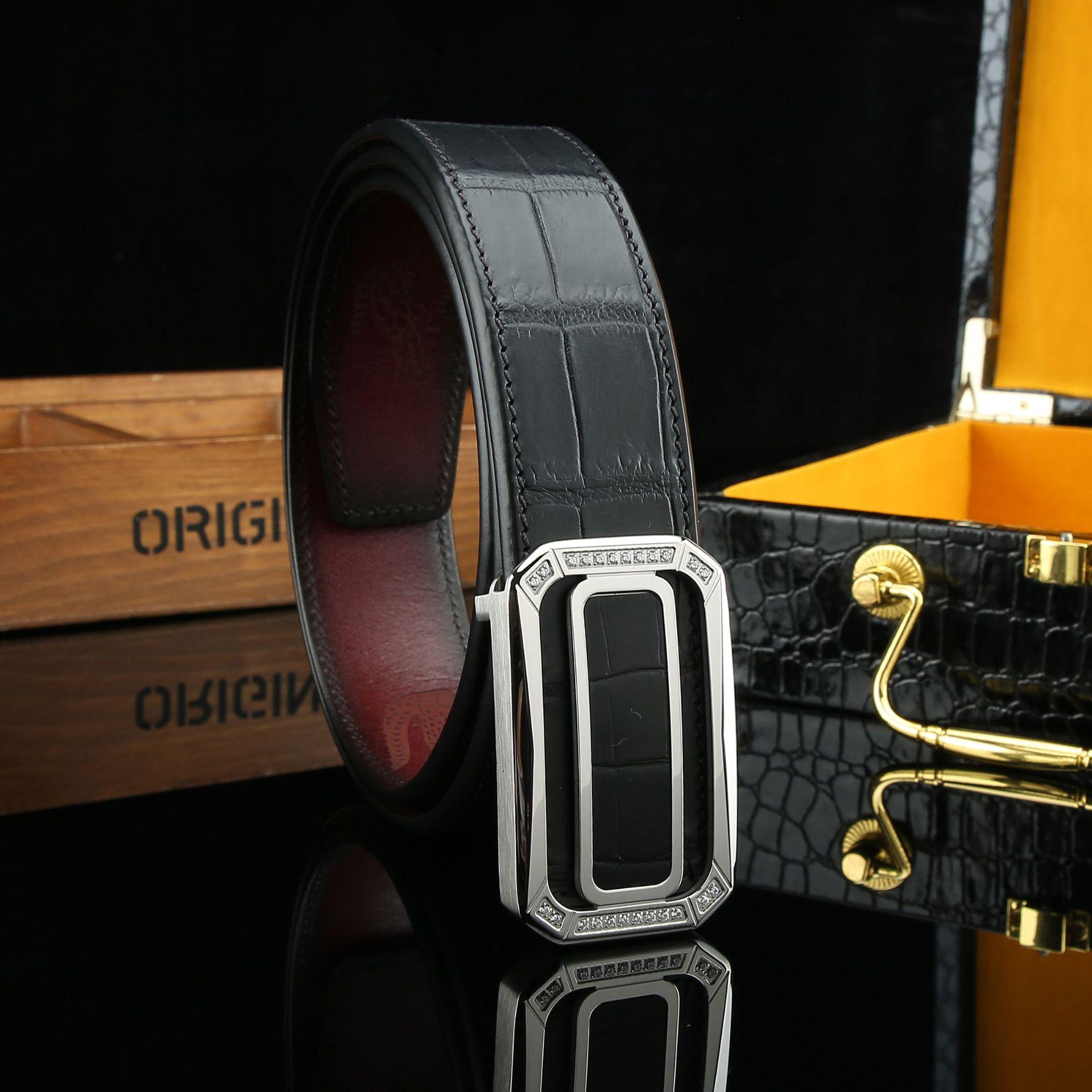 

Мужской ремень из натуральной кожи аллигатора с бриллиантовой пряжкой - Роскошные деловые аксессуары 125 cm