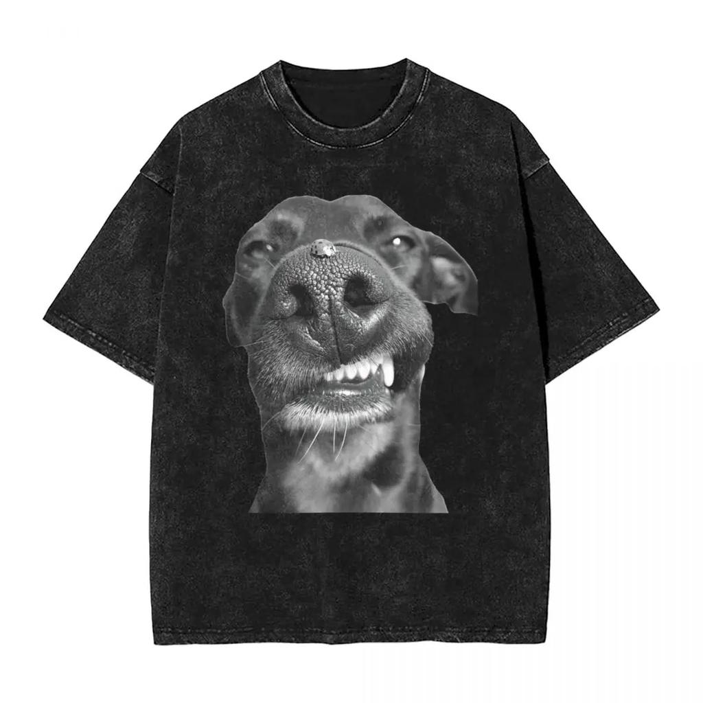 Funny Doberman Dog Washed T Shirt Streetwear Retro T-Shirts Tees Tops for Men Women Short Sleeve High Street Summer