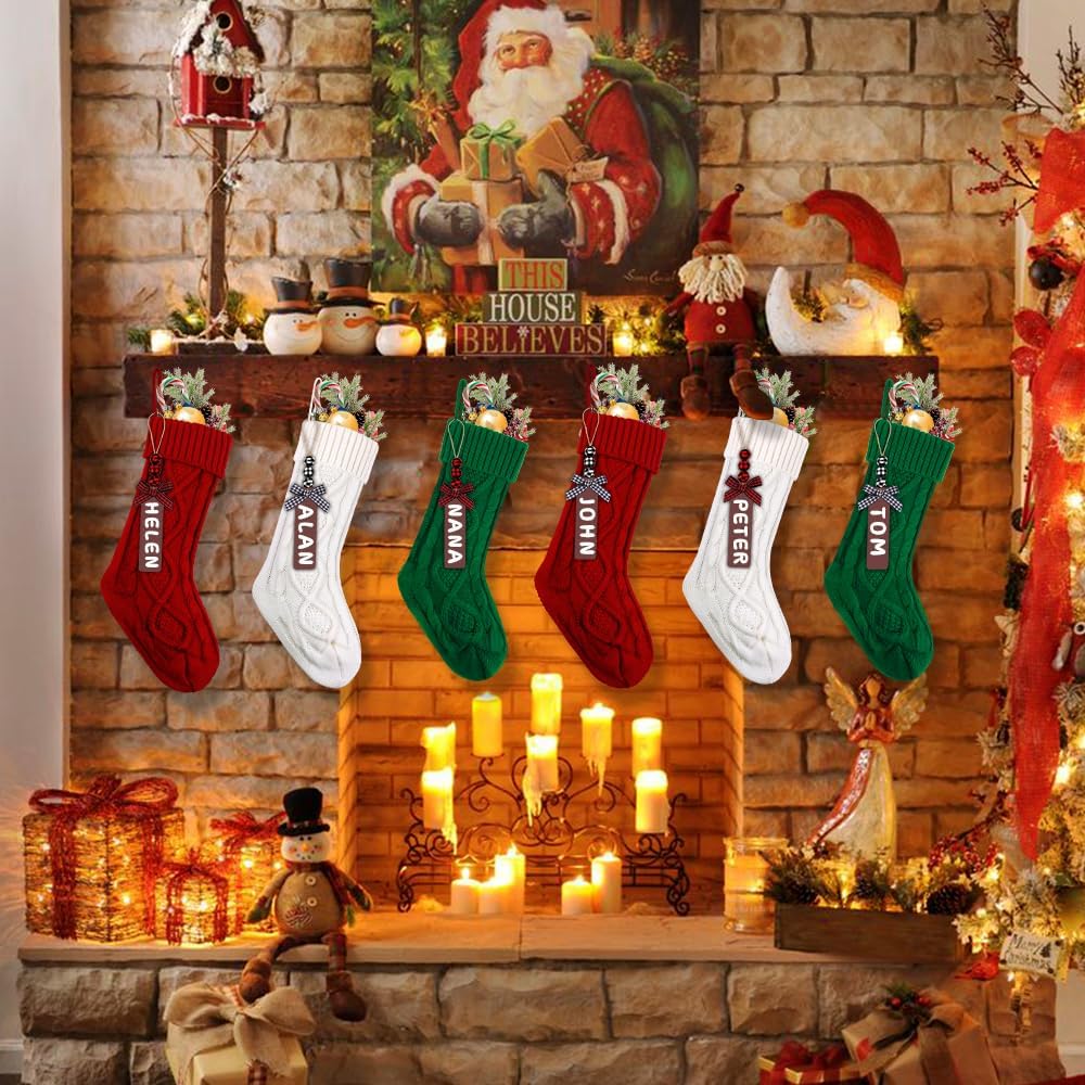 XIMISHOP 6PACK Christmas Stockings,18Inches Large Cable Knitted Stocking Personalized Xmas Hanging Stocking Decorations with Name Tags for Holiday