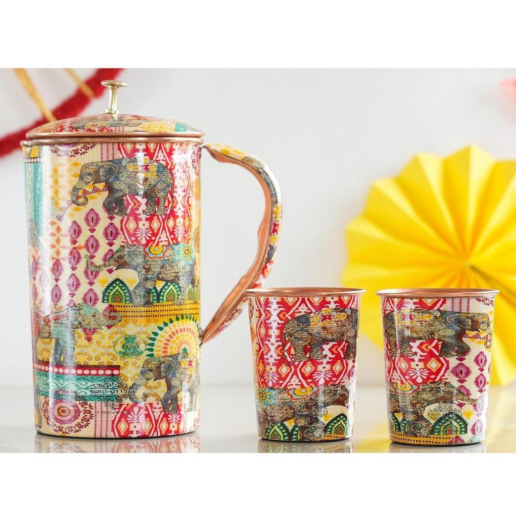 Meena Padharo Mhare Desh Theme Copper Gift Set of 1 Jug & 2 Glass - Perfect for Home, Office, and Gifting, Jug-1.5 Litre & Glass-270 ML Each