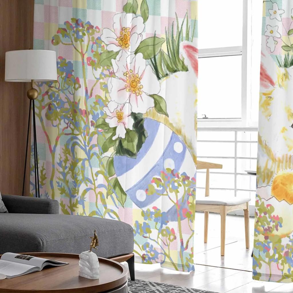 Retro Konijn Pasen Handgetekende Tule Gordijnen Voor Woonkamer Transparant Gordijn Voor Slaapkamer Keuken Jaloezieën Voile Gordijnen