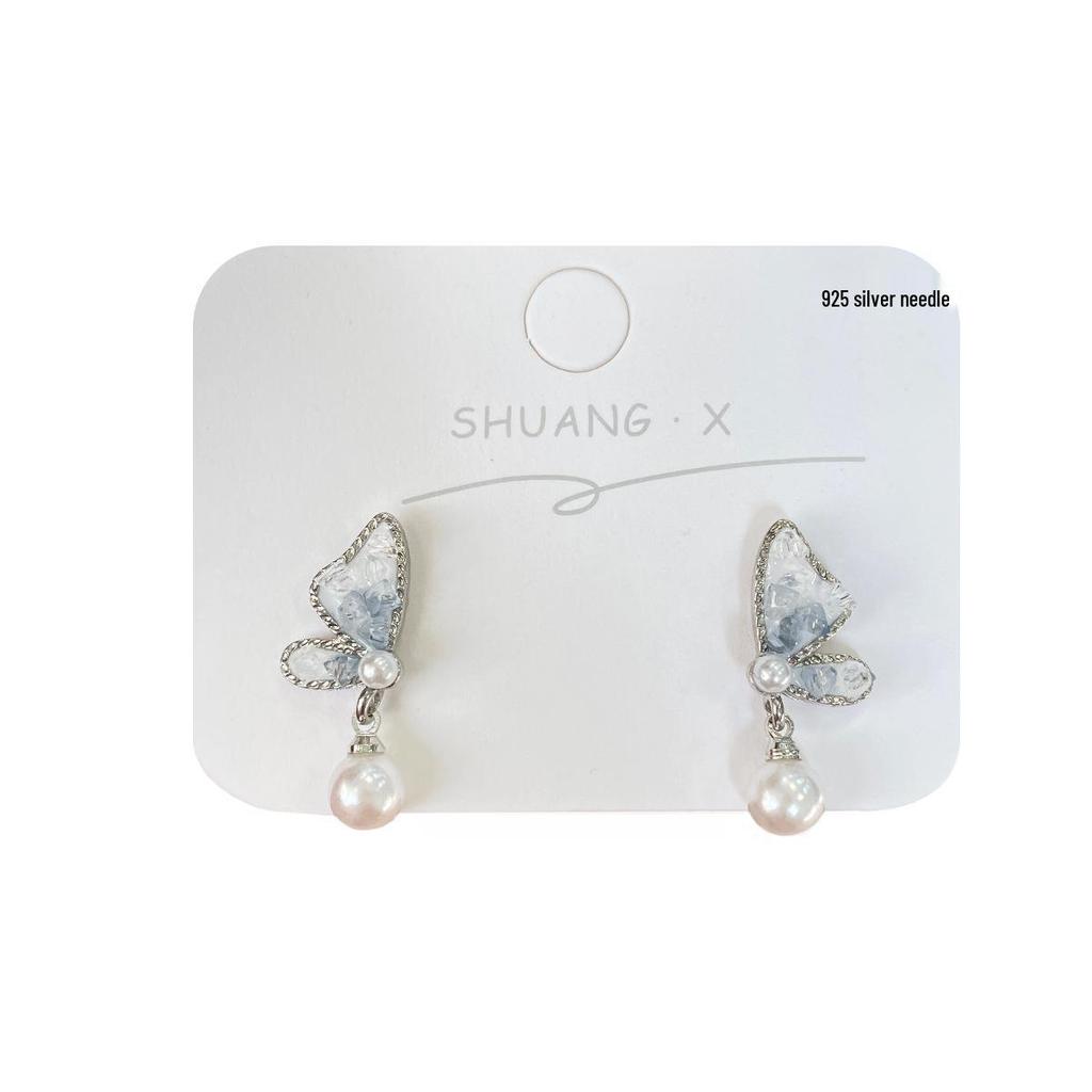 Exquisite Pearl Butterfly Earrings with Silver Needle – Gradient Light Luxury Design for Women