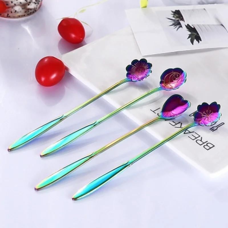 1 Pack Rainbow Flower Ice Spoon Sugar Spoon Tea Coffee Spoon Stirring Kitchen Gadgets Stainless Steel Tabletop Tableware