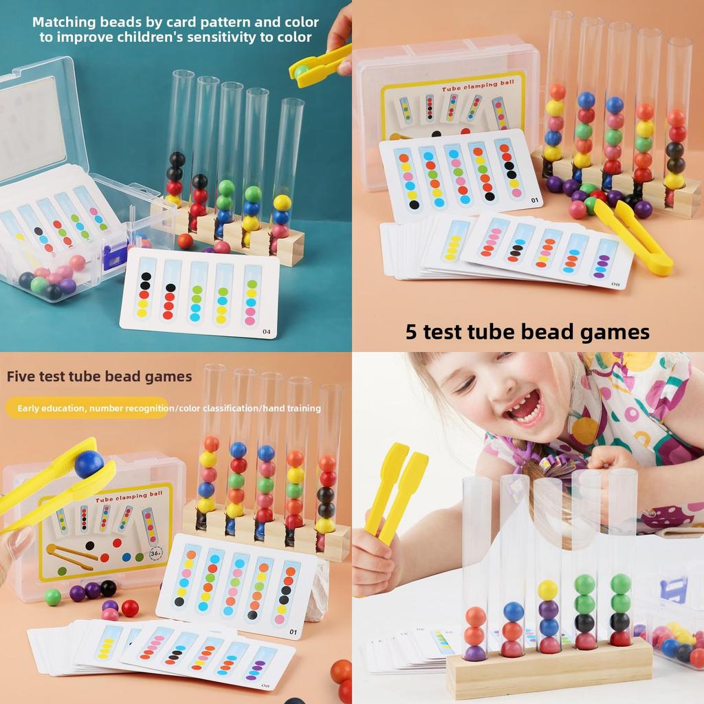 Wooden Educational Childrens Bead Sorting Tubes With Color Recognition For Parentchild Interaction