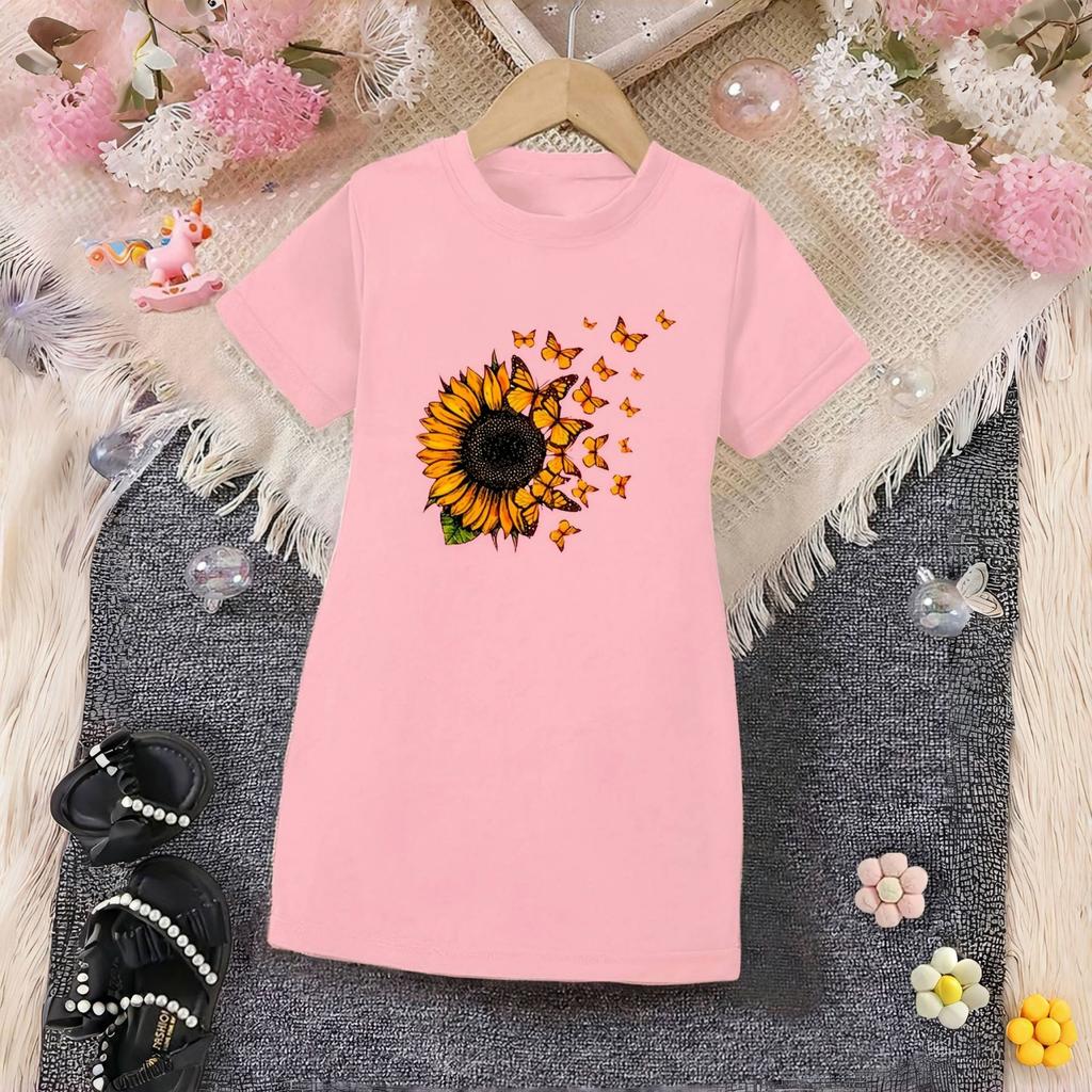 Girls' Sunflower Pattern T-Shirt Dress for Summer, Children's Casual Dress