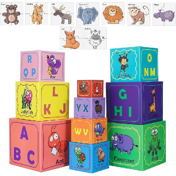 Nesting and Stacking Blocks Stacking Toys for Toddlers Plus Animal Puzzle Toys Set Alphabet ABC Blocks Sorting & Stacking Educational Toys Montessori Alphabets Nesting Stackin
