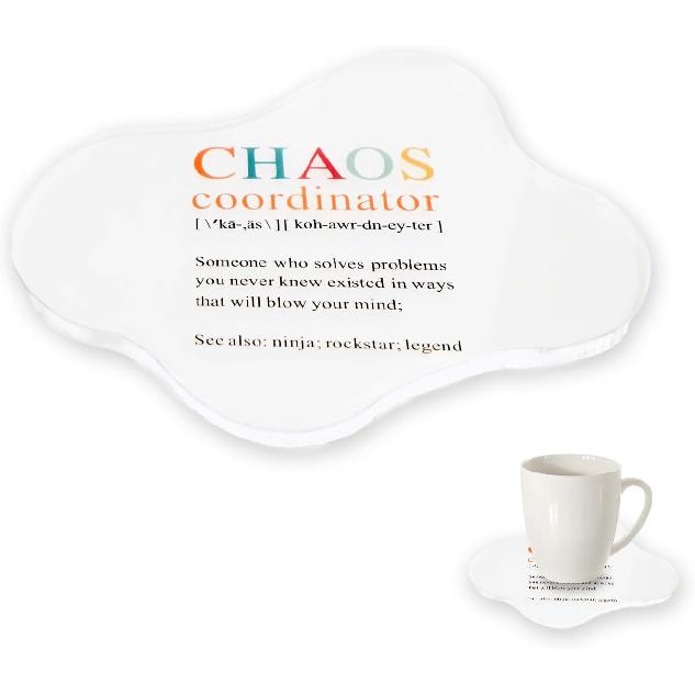 Chaos Coordinator Coasters: Funny Coffee Coaster Set for Office Desk Accessories and Stress Relief Gifts, Clear Chaos Coordinator