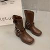 Women's Chunky Heel Belt Buckle Martin Boots - Brown Western Cowboy Ankle Boots, 2025 Punk Rider Vintage Style