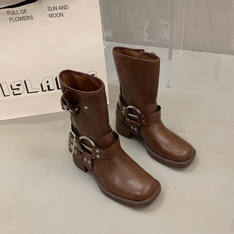 Women's Chunky Heel Belt Buckle Martin Boots - Brown Western Cowboy Ankle Boots, 2025 Punk Rider Vintage Style