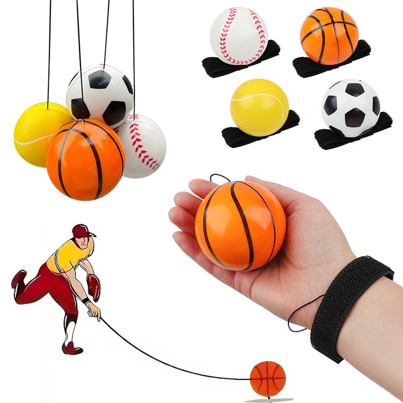 Wrist Strap Bouncy Ball Set with Rope Kids Sports Birthday Party Favors Christmas Gift Reaction Training Football Basketball Toy