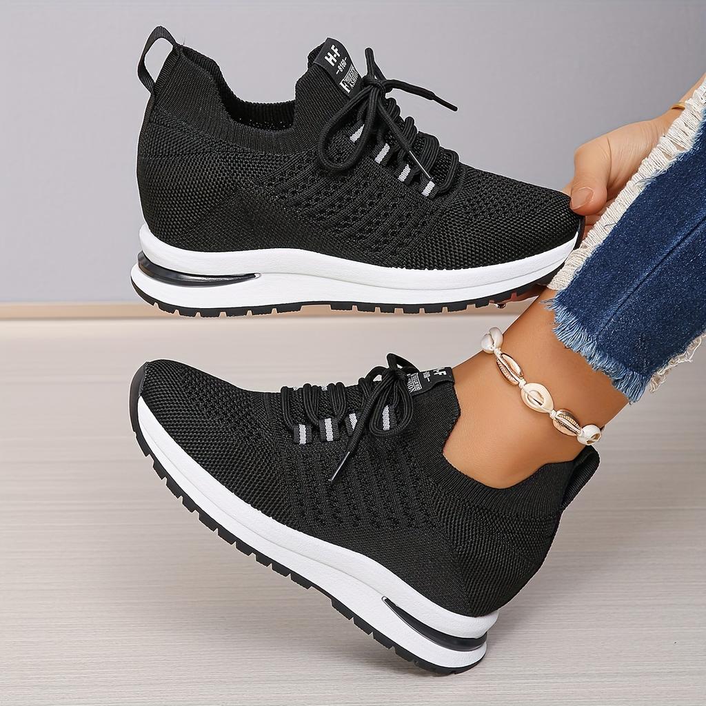 Big Yards Within The High Women's Shoes 2025 Summer New Casual Lace Thick Bottom Slope with Flyknit Mesh Shoes Female