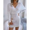Fashion Long Sleeve Green Sweater Dress Women Casual Cross V-neck Knitted Dress Woman Autumn Winter Sexy Dresses 23849