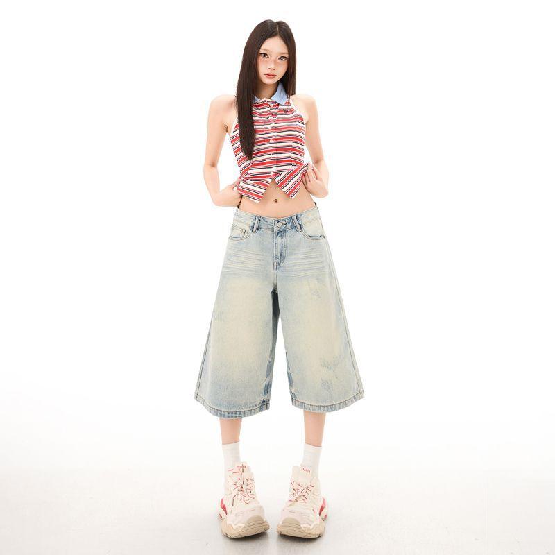 Fashion Summer Vintage Washed Relaxed Fit Loose Denim Cropped Capri Pants Trendy Versatile Slimming FigureFlattering Lazy Style