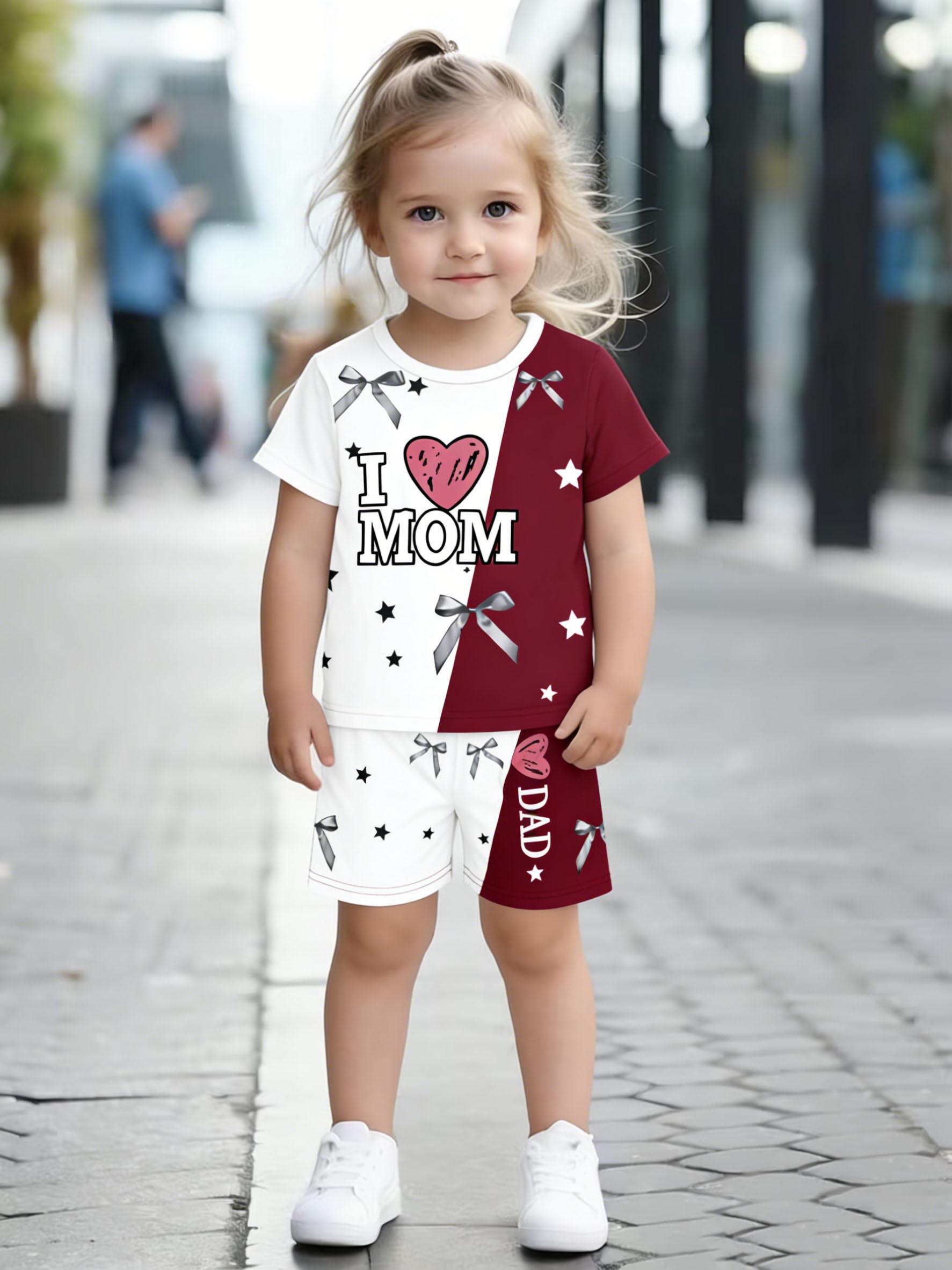 

Toddler Girls Cute I Love Mom & Dad Bow & Star Print 2-Piece Outfit, Summer Casual Clothes for Kids, Perfect for Playwear & Outdoor 5-6Y червоний