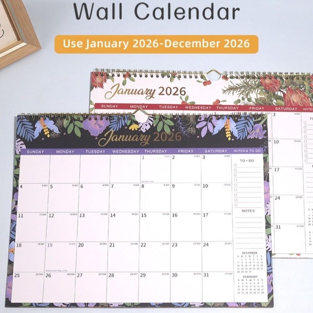 New 2026 Jan.- Dec. Wall Calendar Spiral Binding Flower Pattern Hanging Calendar 12-Month Wall Mount Monthly Calendar Office Use