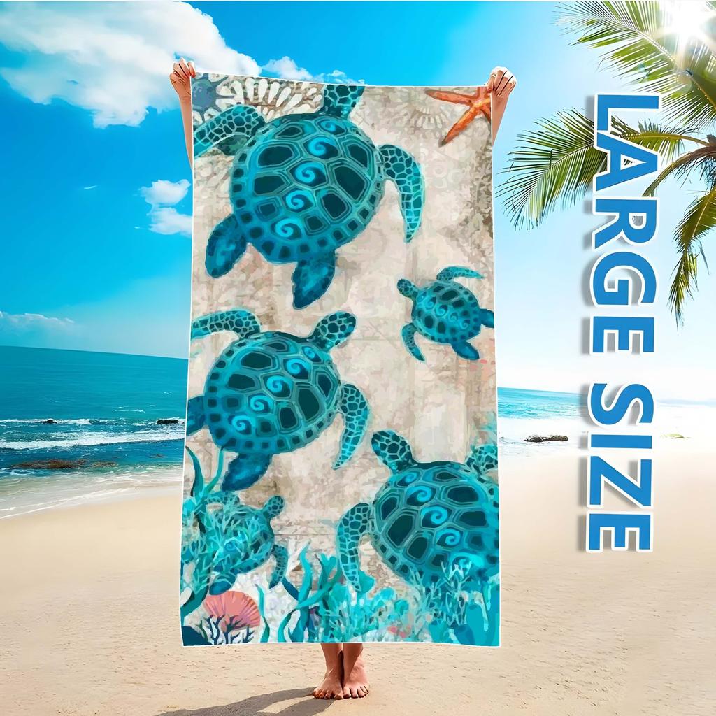 Extra Large Microfiber Beach Towel & Mat, Vintage Teal Sea Turtle Print, Super Absorbent Quick Dry for Pool Yoga Camping Travel
