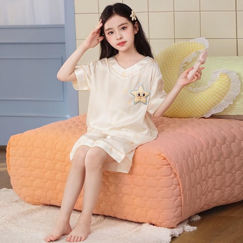 Girls Pajama Set Ice Silk Short Sleeve Shorts Sleepwear Cartoon Print Lightweight Home Outfit Ages 8