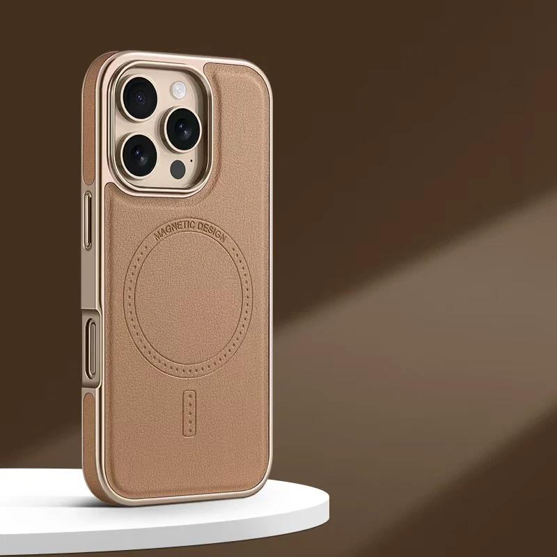 Luxury Business Plating Soft Frame Leather Case For iPhone 16 13 14 15 Pro Max Magsafe Magnetic Wireless Charge Shockproof Cover