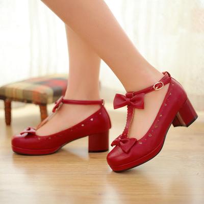 Plus Size 32-43 Girls High Heel Shoes Women's Platform Pumps Shoes Sweet Bowknot Kids Princess Party JK Uniform Shoes T Strap