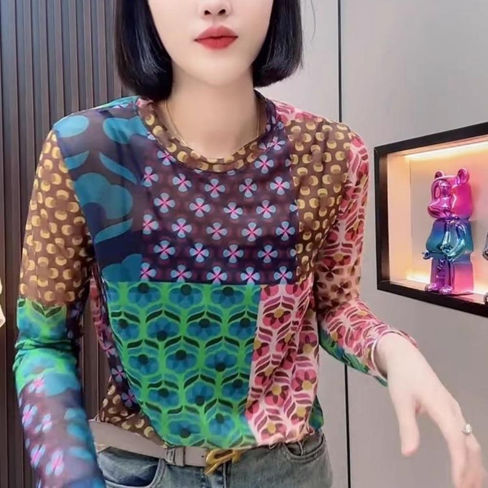 Florales Mesh Stretch Sonnenschutz T-Shirt Damen Sommer Neuer Stil Dünnes Langarm Oberteil