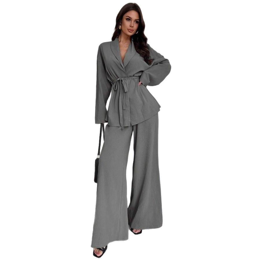 Ensemble Pantalon Jambe Large Élégant à Manches Longues et Col en V pour Femme Automne/Hiver 2025