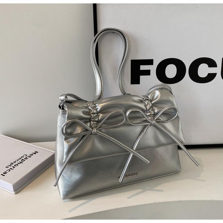 Women Bowknot Pu Shoulder Bag Large Capacity Bag With Adjustable Shoulder Strap Shopping Bag Stylish Fashion Solid Color Handbag