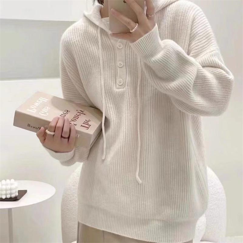 

Knitted sweater women ins fashion autumn and winter new casual simple hooded pullover sweater women s high sense of foreign style 48-142 (average size) білий
