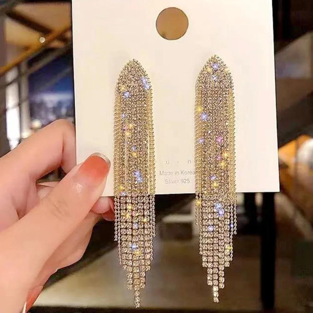 Exquisite Luxury Shiny Crystal Dangle Earrings for Women Long Tassel Full Rhinestone Statement Earring Korean Fashion Jewelry