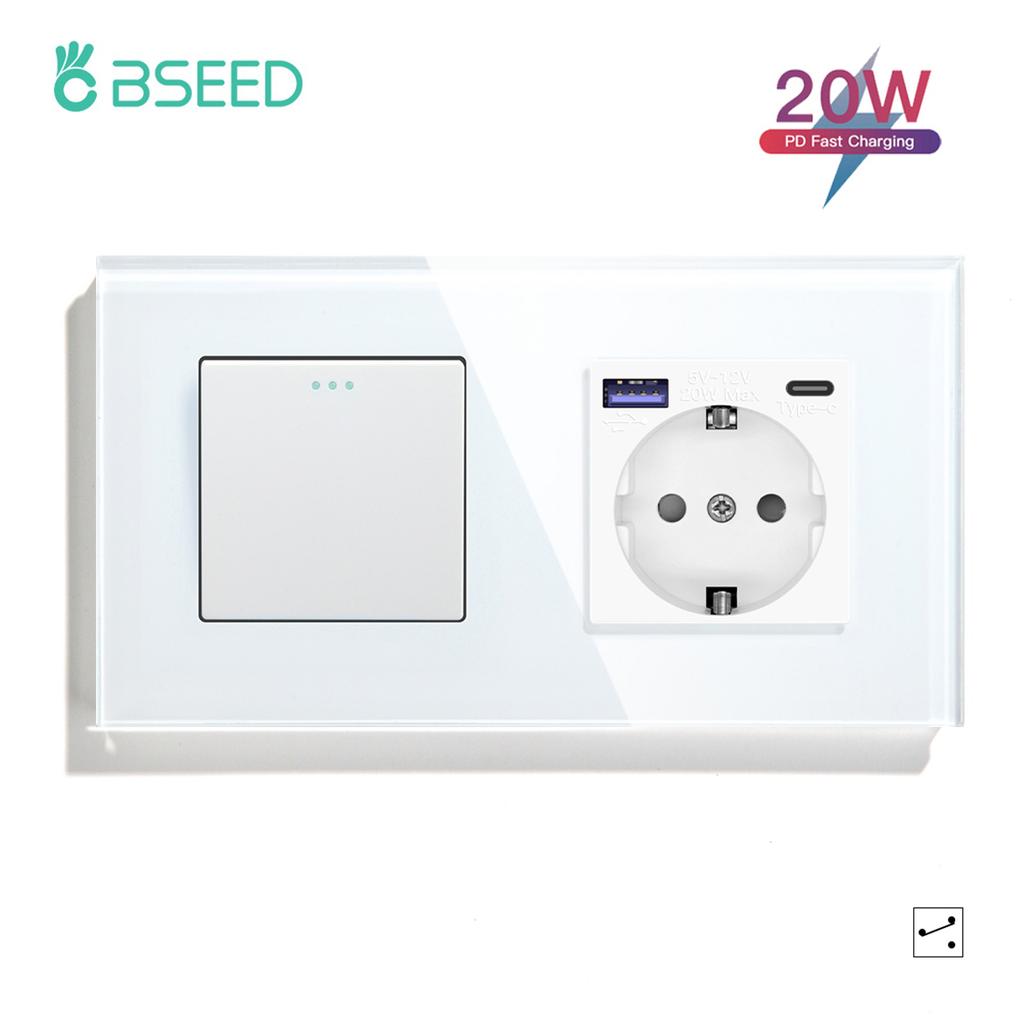 BSEED 1/2/3-fach Wandschalter 2-Wege Treppenlichtschalter Plus Typ-C USB-Steckdose EU-Standard Glaspanel