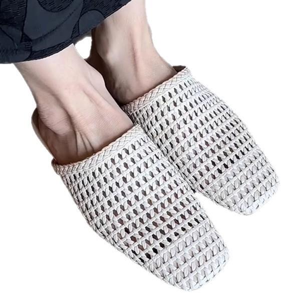 Soft Leather Version~ Hand-woven Mesh Yarn Bag Head Sandals Women's French Versatile Hollowed-out Outer Wear Square Head Flat Bottom Half Slippers