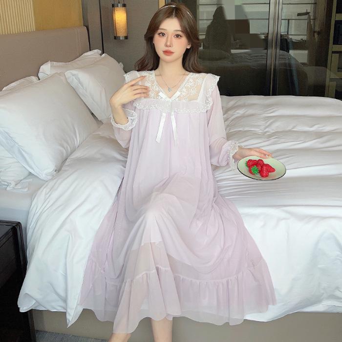 

Осенняя кружевная сетчатая ночная рубашка принцессы с нагрудной подкладкой, длинный рукав 175(XXL)