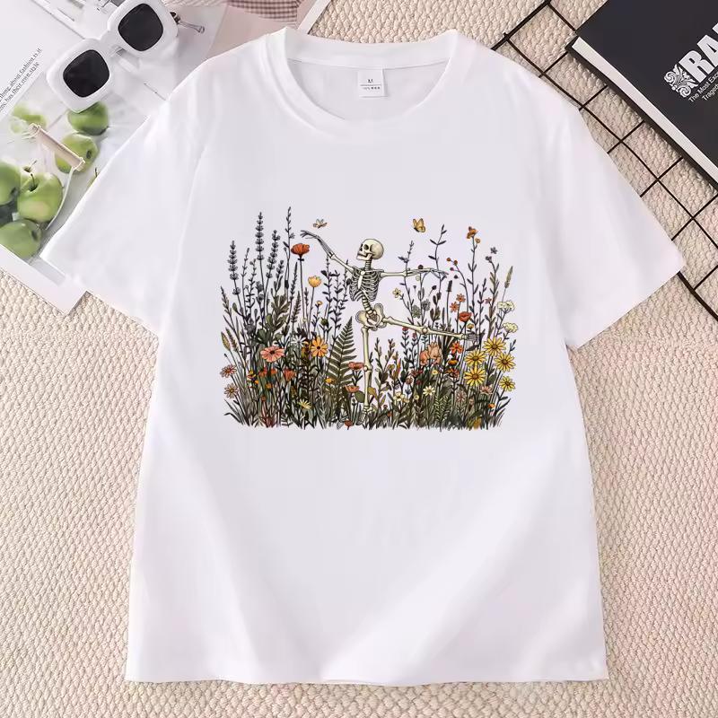 Skeleton Dancing Wildflower T-shirt Women Botanical Floral Cottagecore Nature Lover Tshirt Casual Round Neck Short Sleeve Tees