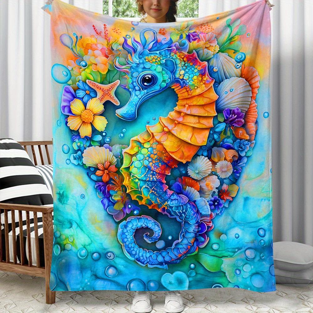 Colorful Seahorse Ocean Life Fleece Blanket Underwater Art Throw Blanket Marine Animal Design Soft Plush Bedding Decor for Kids 75X95CM