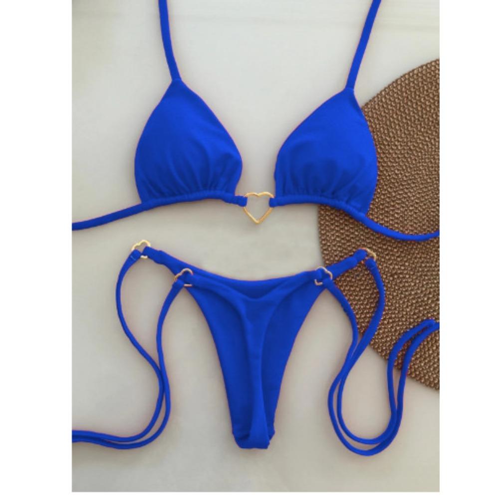 

Европейский и американский металлический декоративный шейный сборчатый бикини бразильский сексуальный однотонный раздельный купальник S синий