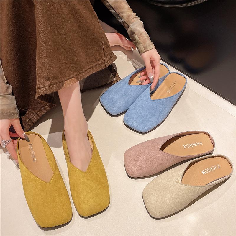 Baotou Half Slippers for Women To Wear Autumn and Winter New Niche Square Head Velvet Casual Versatile Soft-soled Muller Shoes