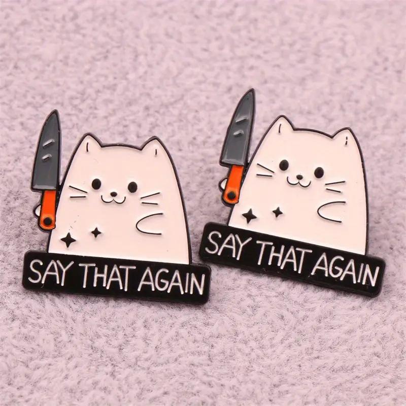Cute Cartoon White Cat Small Knife Dagger Enamel Brooch Creative Animal Lapel Pin Badge Backpack Clothing Hat Accessories