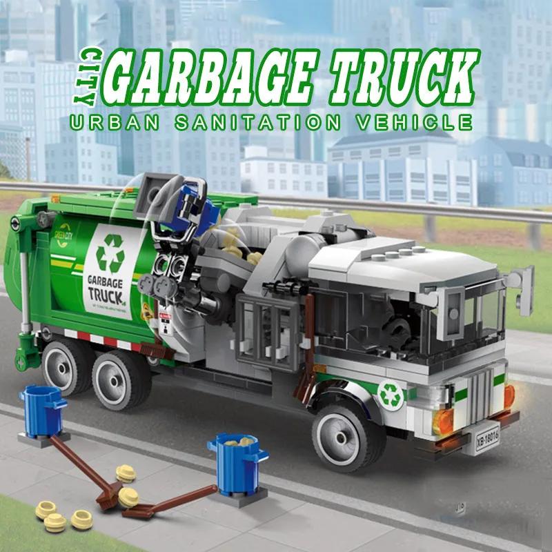 Awesome City Town Sanitation Garbage Truck Vehicle Car Building Blocks Kits Bricks Classic Model Assemble Toys for Boys Gift
