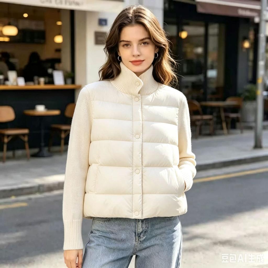 Stand-up collar knitted casual jacket winter new cotton light and thin splicing lapel warm cardigan cotton jacket top