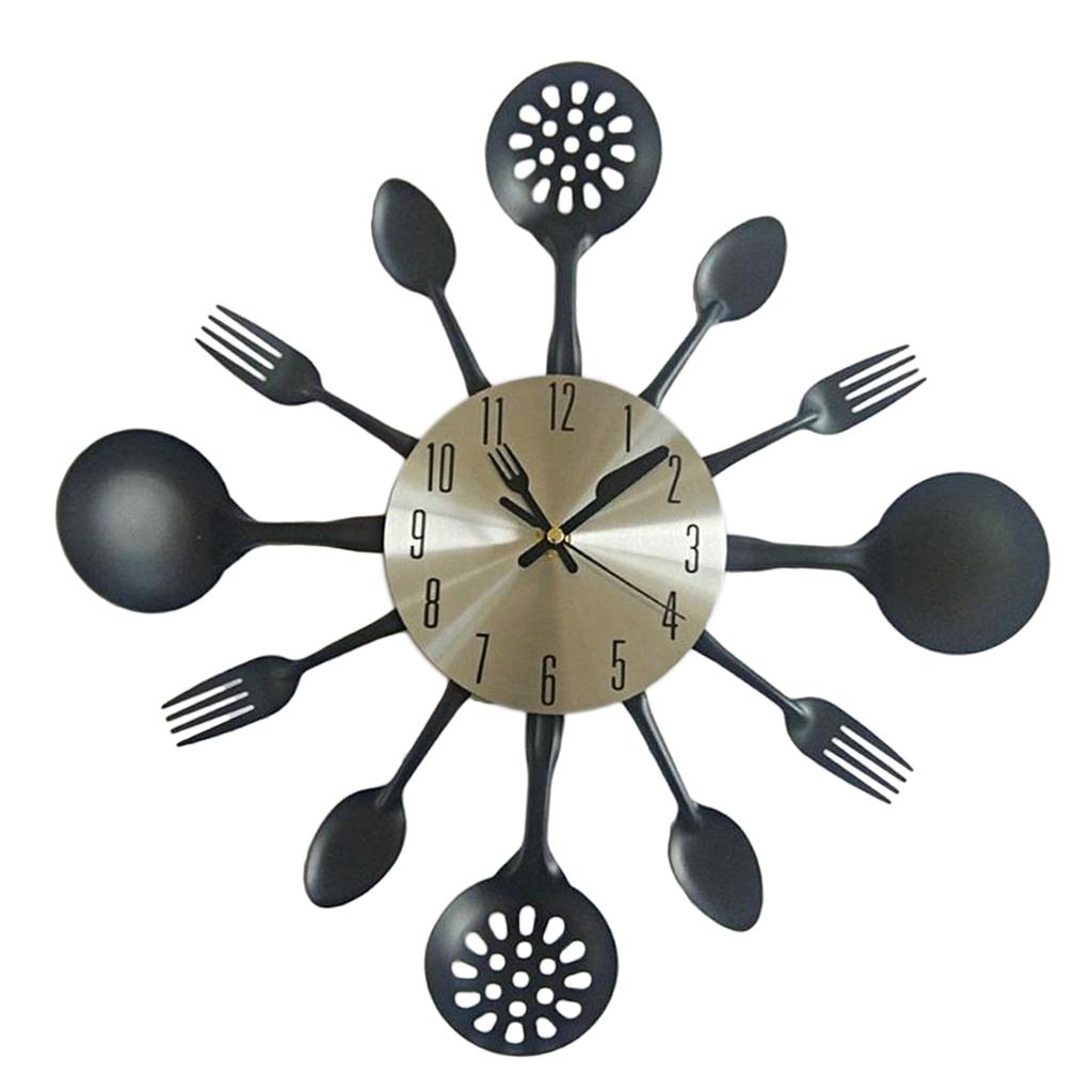 Wall Clock with 3, Fork, Cutlery Design , Black
